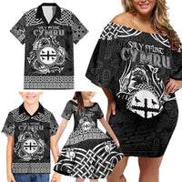 Personalized Flintshire Sir y Fflint Family Matching Off Shoulder Short Dress and Hawaiian Shirt Black Four Choughs Celtic-inspired - Wonder Print Shop