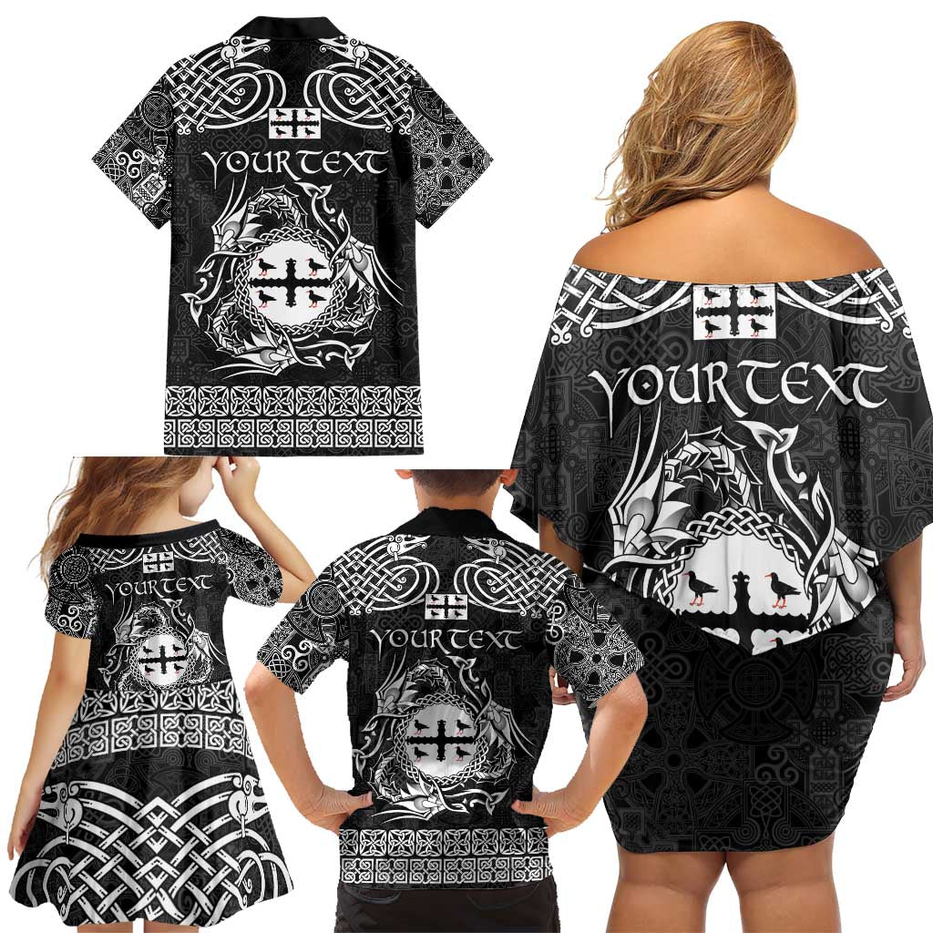 Personalized Flintshire Sir y Fflint Family Matching Off Shoulder Short Dress and Hawaiian Shirt Black Four Choughs Celtic-inspired - Wonder Print Shop