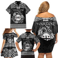 Personalized Flintshire Sir y Fflint Family Matching Off Shoulder Short Dress and Hawaiian Shirt Black Four Choughs Celtic-inspired - Wonder Print Shop