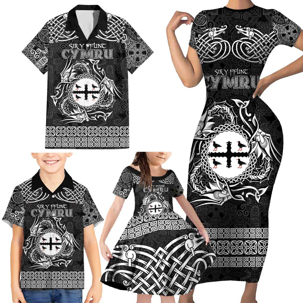 Personalized Flintshire Sir y Fflint Family Matching Short Sleeve Bodycon Dress and Hawaiian Shirt Black Four Choughs Celtic-inspired - Wonder Print Shop