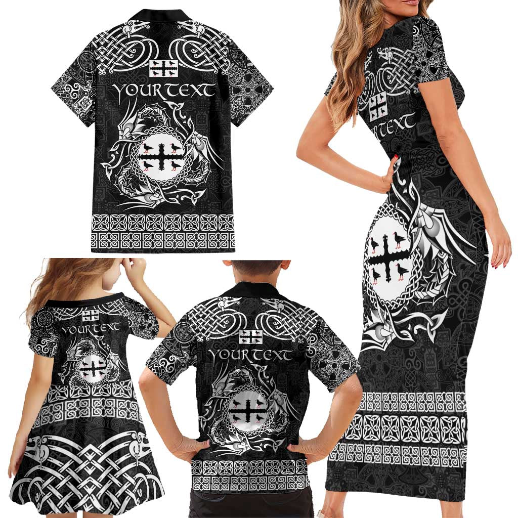 Personalized Flintshire Sir y Fflint Family Matching Short Sleeve Bodycon Dress and Hawaiian Shirt Black Four Choughs Celtic-inspired - Wonder Print Shop