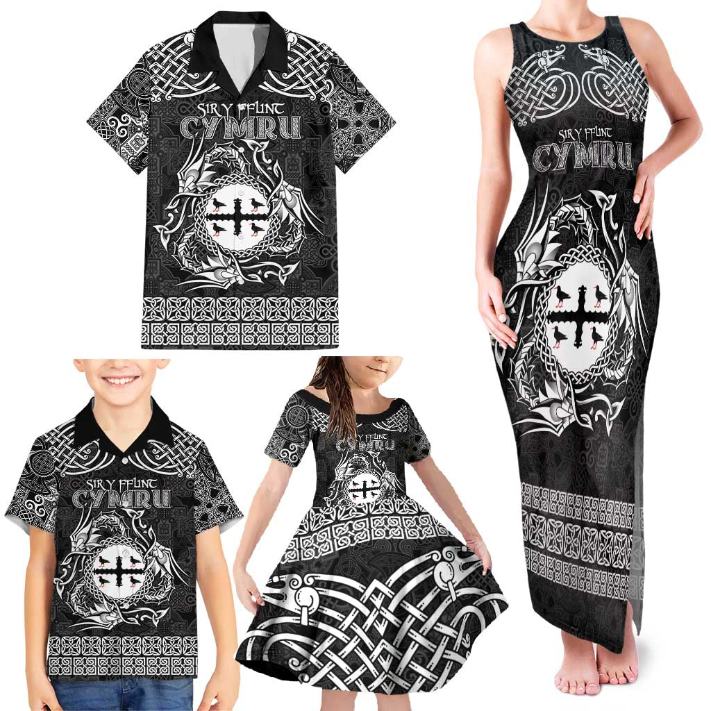 Personalized Flintshire Sir y Fflint Family Matching Tank Maxi Dress and Hawaiian Shirt Black Four Choughs Celtic-inspired - Wonder Print Shop