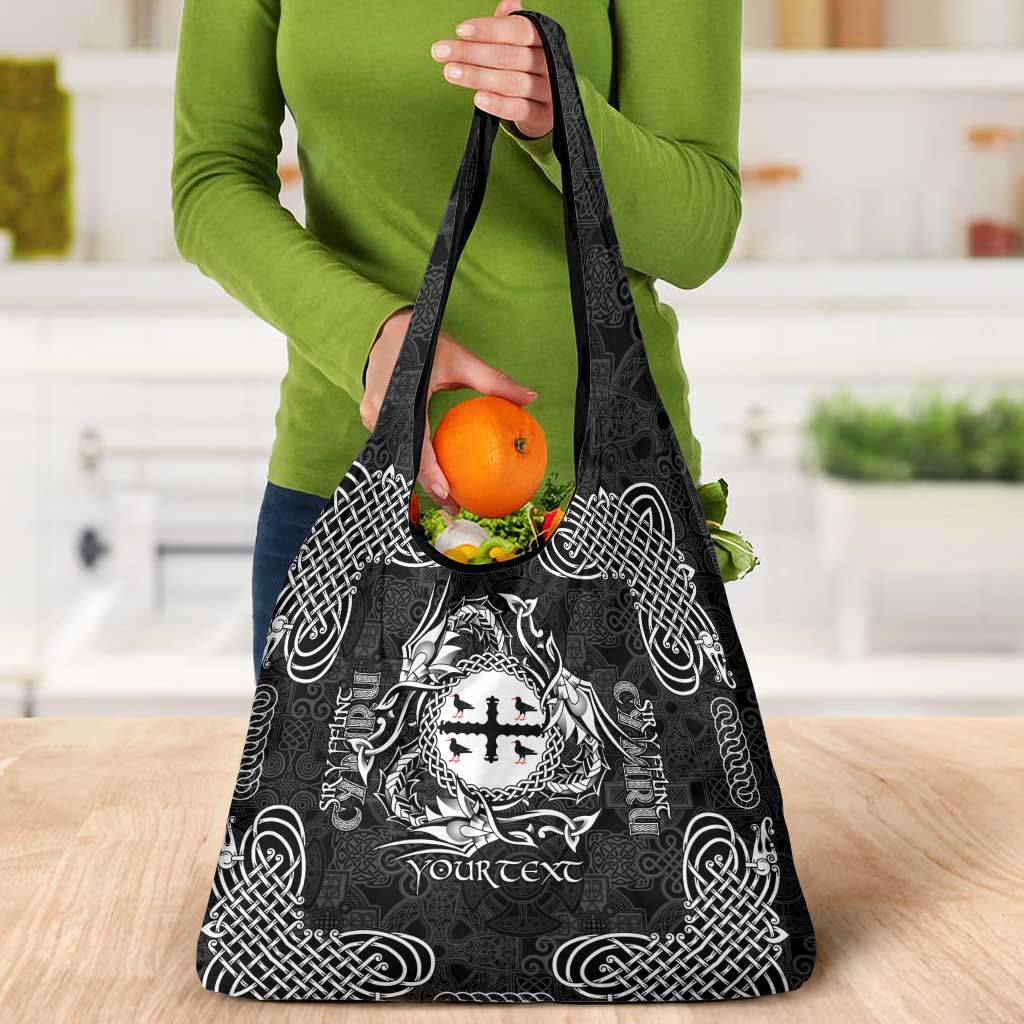 Personalized Flintshire Sir y Fflint Grocery Bag Black Four Choughs Celtic-inspired - Wonder Print Shop