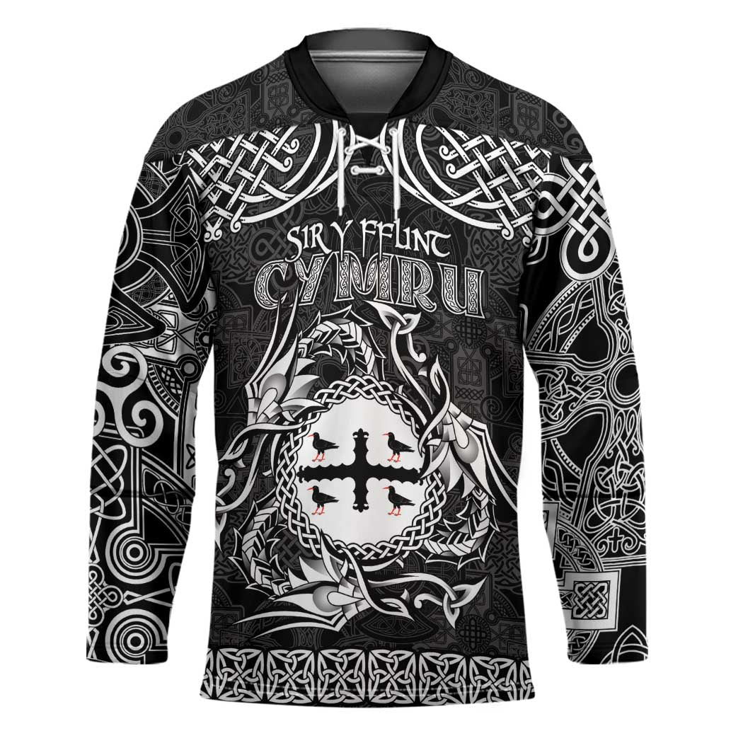 Personalized Flintshire Sir y Fflint Hockey Jersey Black Four Choughs Celtic-inspired - Wonder Print Shop