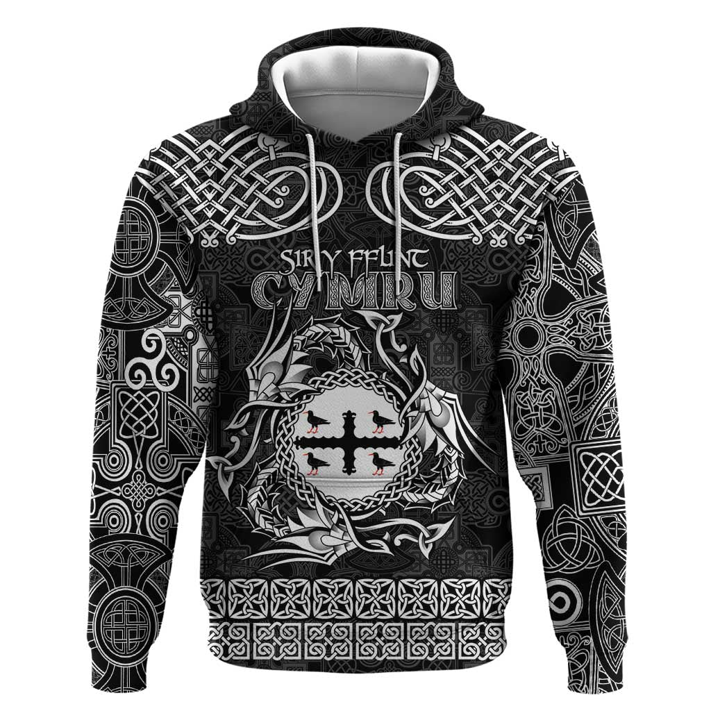 Personalized Flintshire Sir y Fflint Hoodie Black Four Choughs Celtic-inspired - Wonder Print Shop