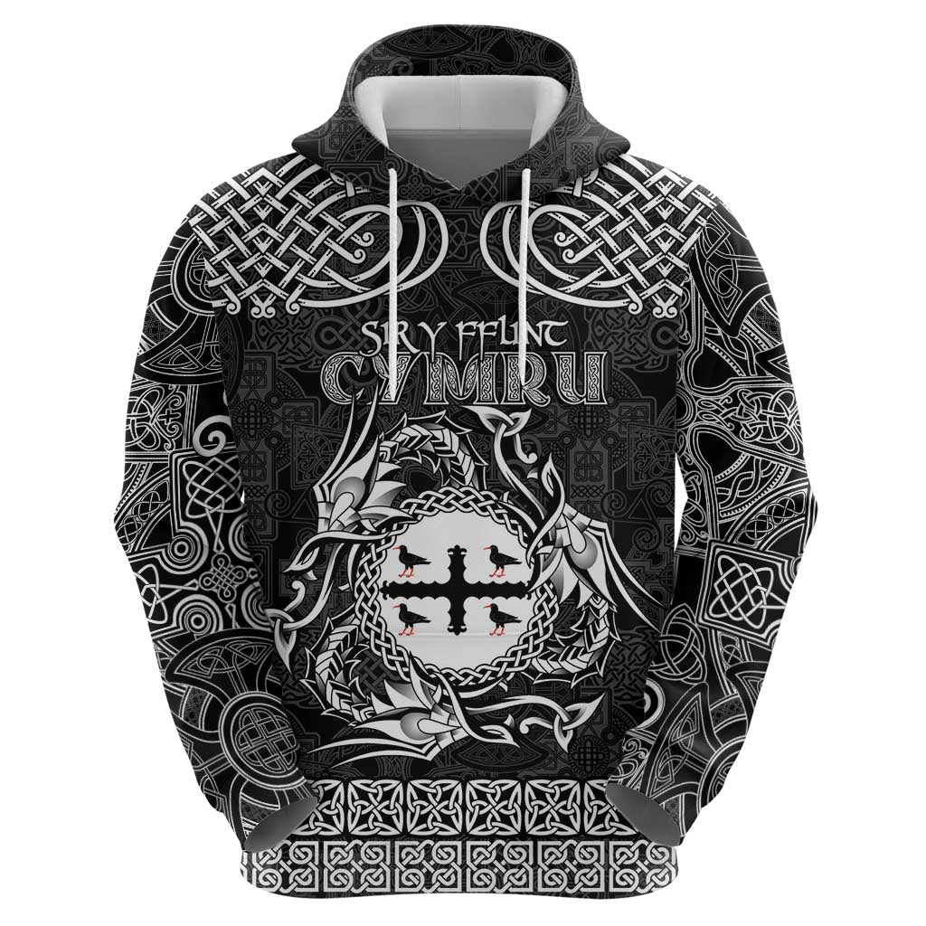 Personalized Flintshire Sir y Fflint Hoodie Black Four Choughs Celtic-inspired - Wonder Print Shop