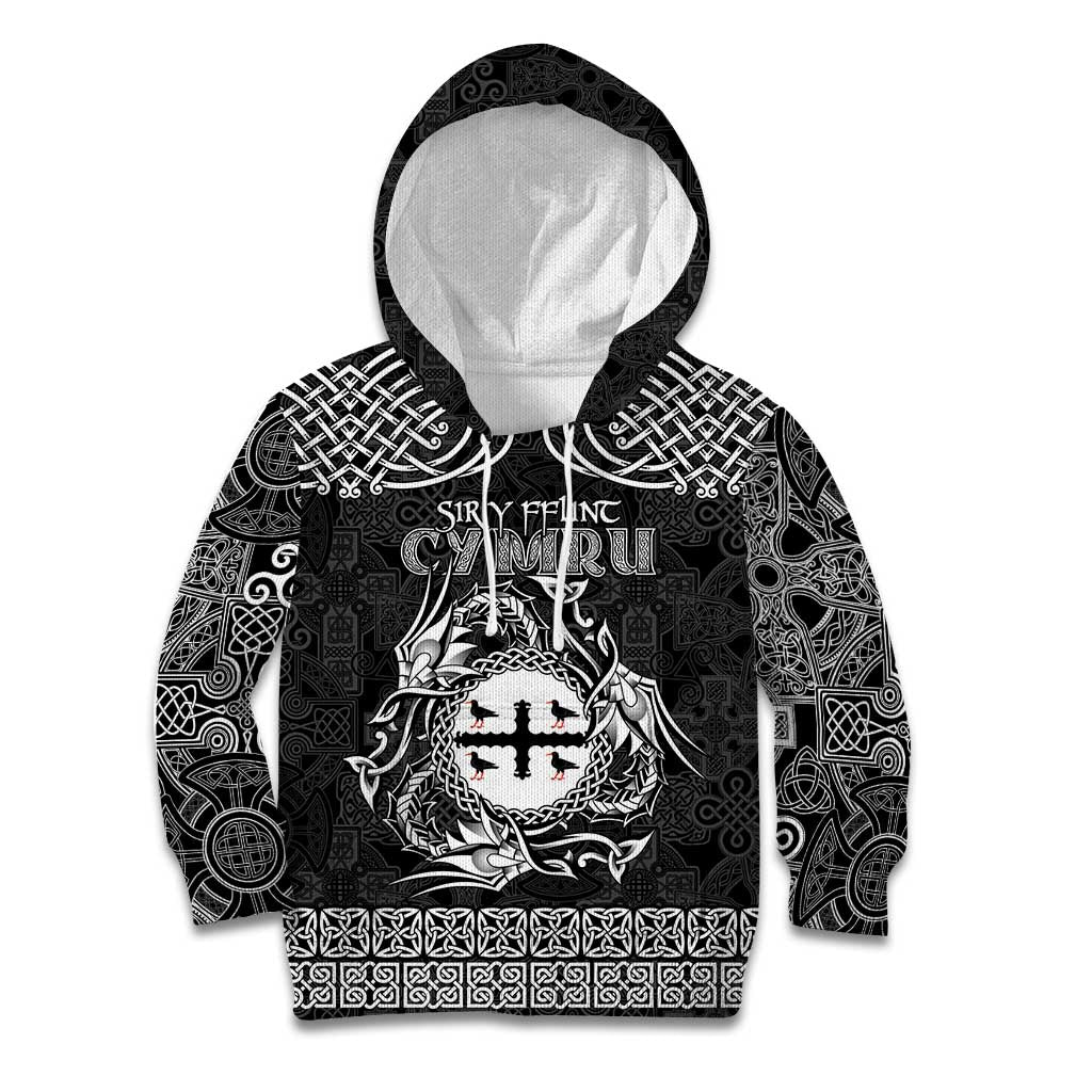 Personalized Flintshire Sir y Fflint Kid Hoodie Black Four Choughs Celtic-inspired - Wonder Print Shop