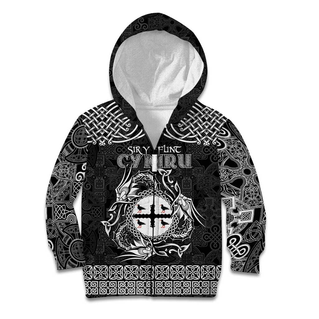 Personalized Flintshire Sir y Fflint Kid Hoodie Black Four Choughs Celtic-inspired - Wonder Print Shop