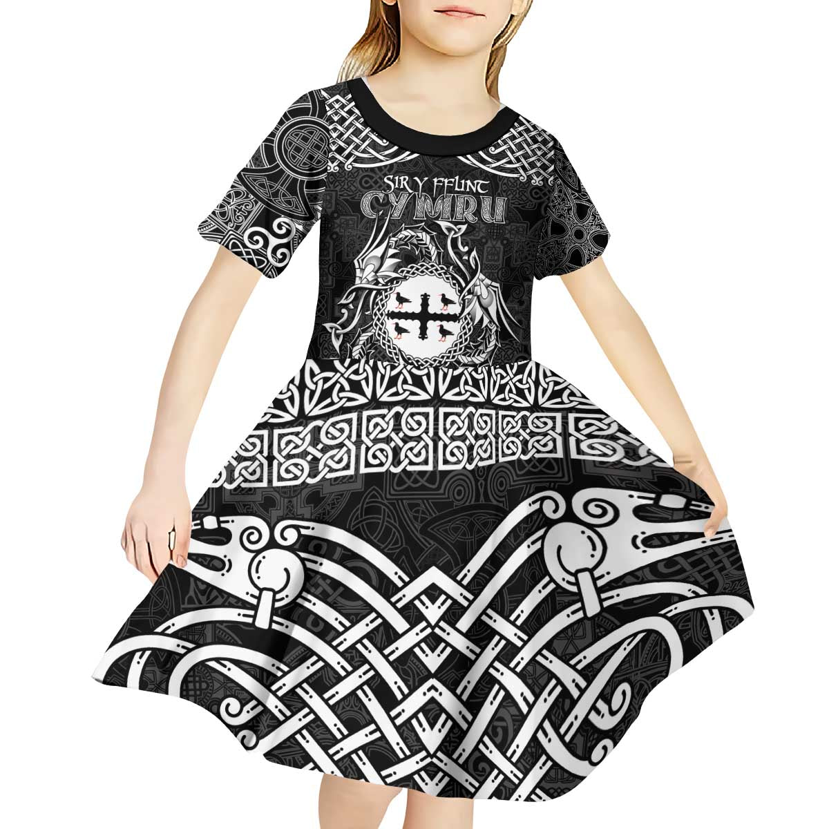 Personalized Flintshire Sir y Fflint Kid Short Sleeve Dress Black Four Choughs Celtic-inspired - Wonder Print Shop