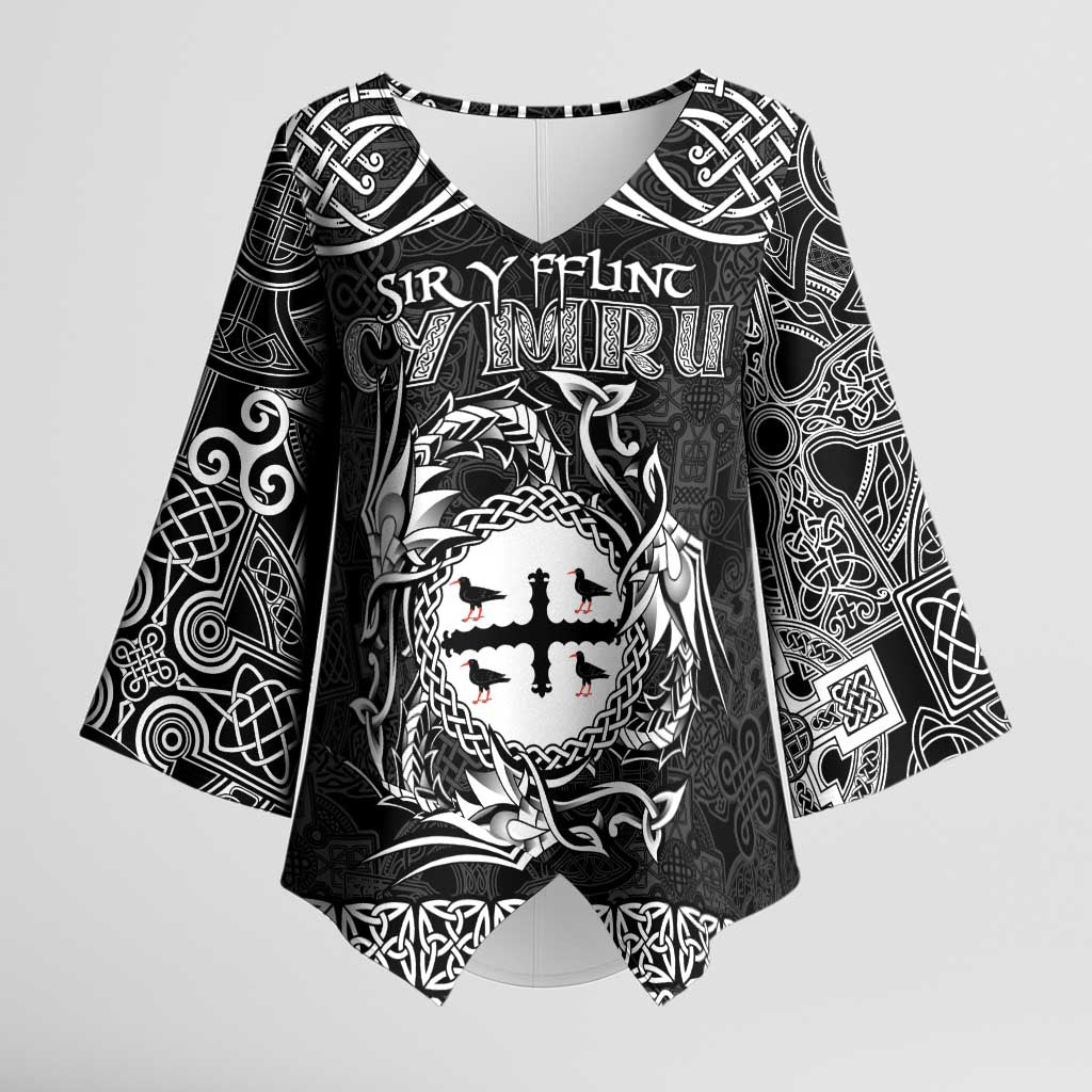 Personalized Flintshire Sir y Fflint Kimono Sleeve Blouse Black Four Choughs Celtic-inspired - Wonder Print Shop