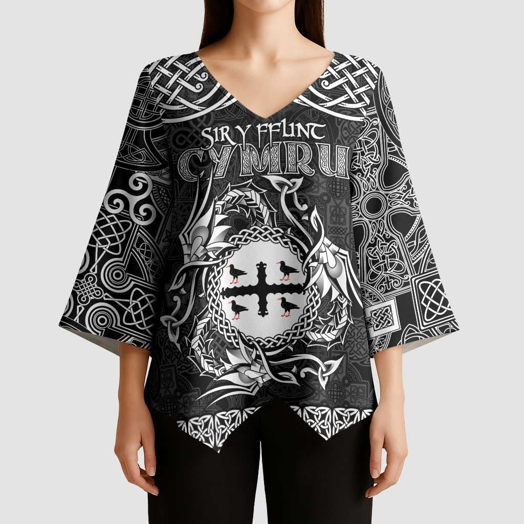 Personalized Flintshire Sir y Fflint Kimono Sleeve Blouse Black Four Choughs Celtic-inspired - Wonder Print Shop