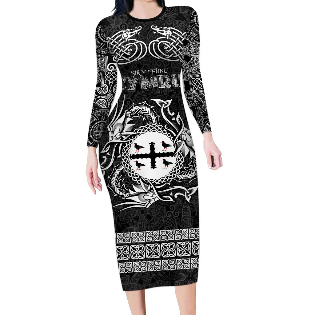 Personalized Flintshire Sir y Fflint Long Sleeve Bodycon Dress Black Four Choughs Celtic-inspired - Wonder Print Shop