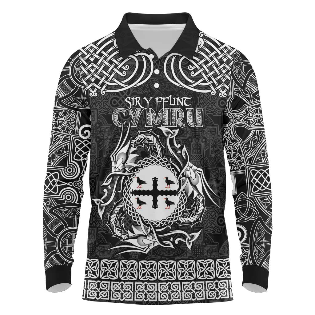 Personalized Flintshire Sir y Fflint Long Sleeve Polo Shirt Black Four Choughs Celtic-inspired - Wonder Print Shop