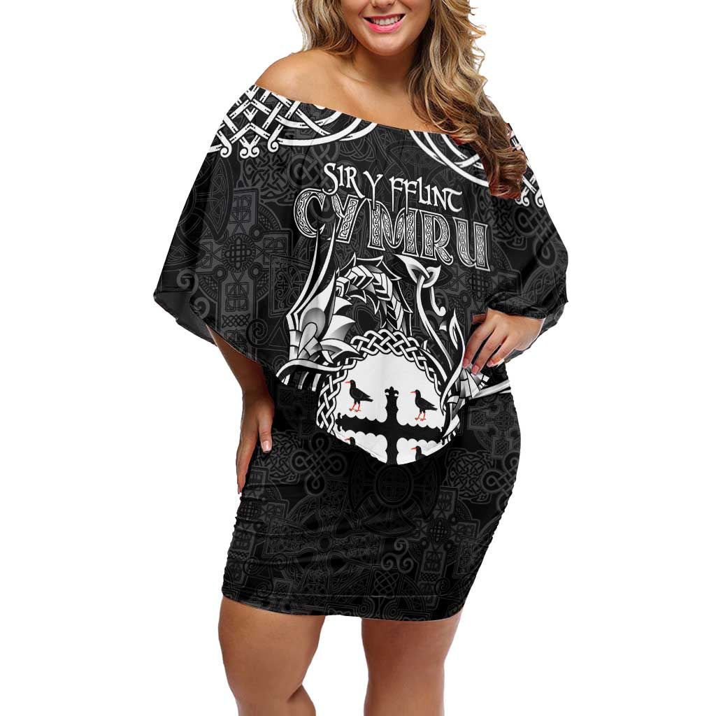 Personalized Flintshire Sir y Fflint Off Shoulder Short Dress Black Four Choughs Celtic-inspired - Wonder Print Shop