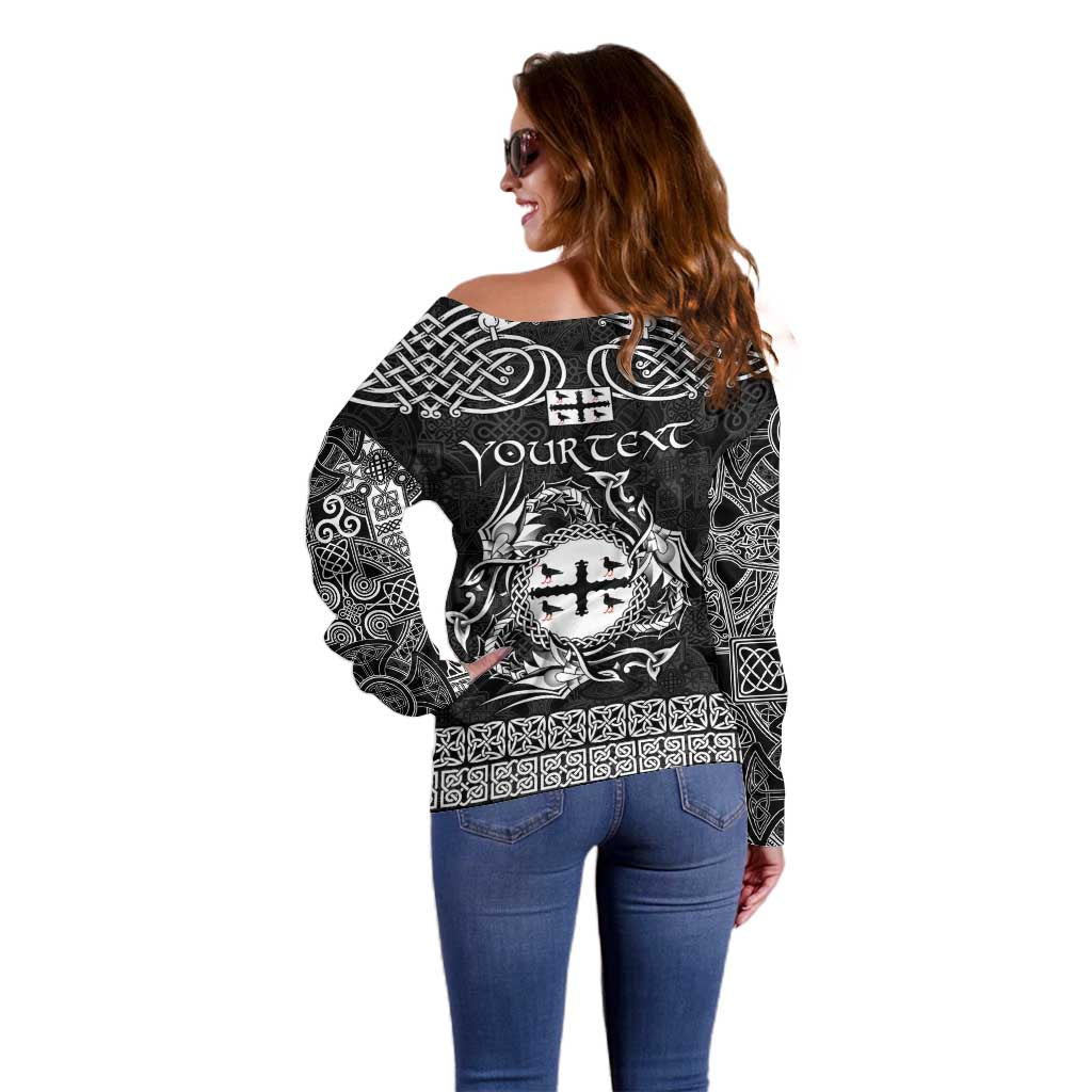 Personalized Flintshire Sir y Fflint Off Shoulder Sweater Black Four Choughs Celtic-inspired - Wonder Print Shop