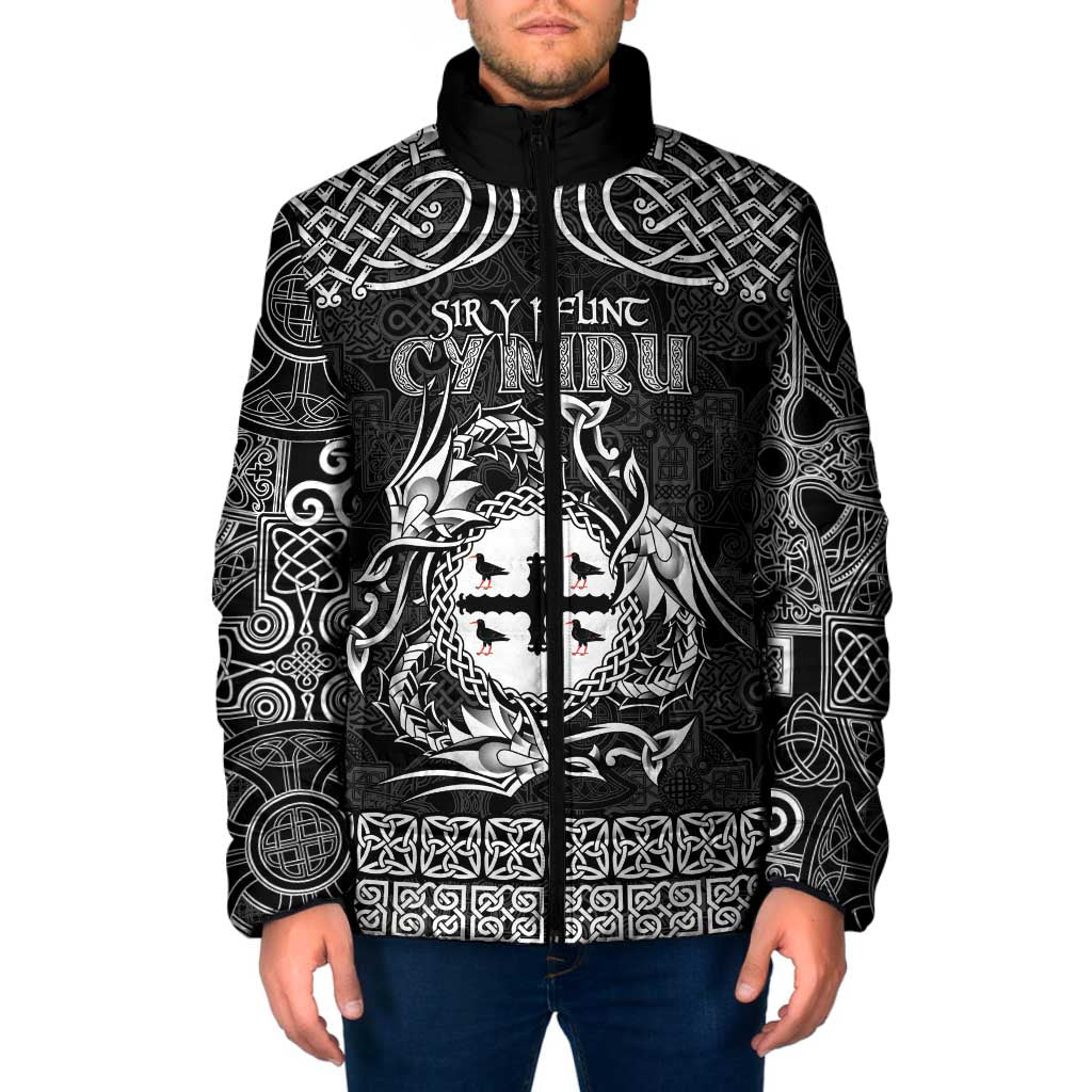 Personalized Flintshire Sir y Fflint Padded Jacket Black Four Choughs Celtic-inspired - Wonder Print Shop
