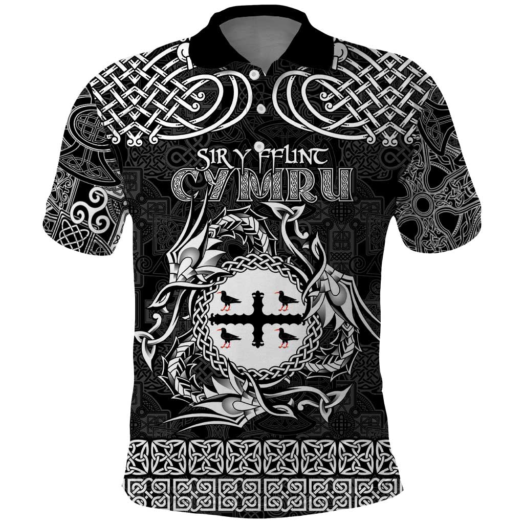 Personalized Flintshire Sir y Fflint Polo Shirt Black Four Choughs Celtic-inspired - Wonder Print Shop