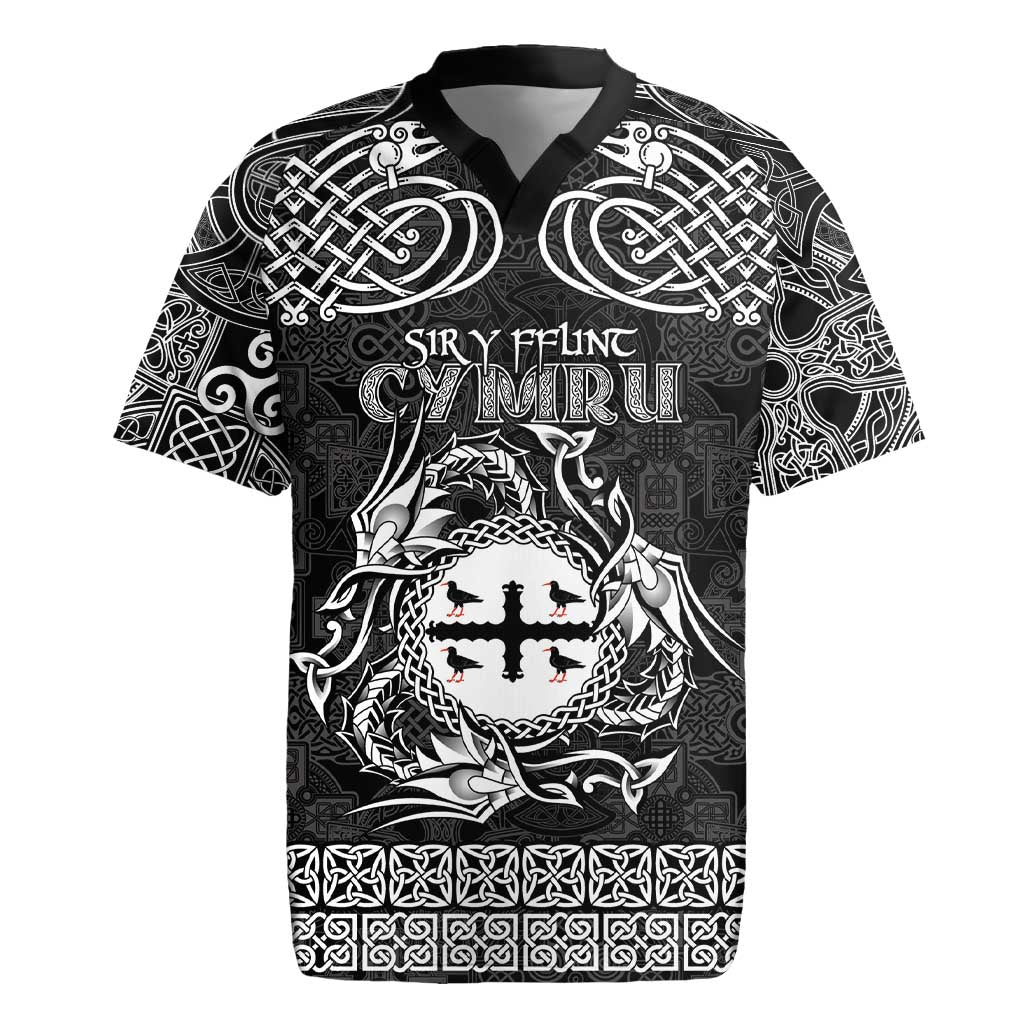 Personalized Flintshire Sir y Fflint Rugby Jersey Black Four Choughs Celtic-inspired - Wonder Print Shop