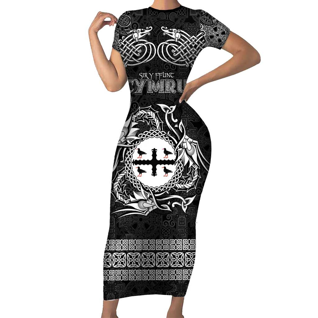 Personalized Flintshire Sir y Fflint Short Sleeve Bodycon Dress Black Four Choughs Celtic-inspired - Wonder Print Shop