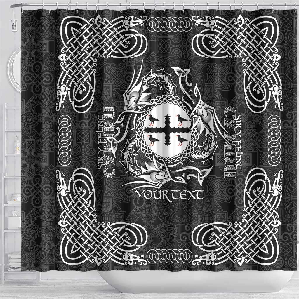 Personalized Flintshire Sir y Fflint Shower Curtain Black Four Choughs Celtic-inspired - Wonder Print Shop