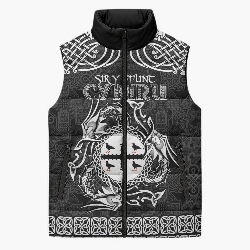 Personalized Flintshire Sir y Fflint Sleeveless Puffer Jacket Black Four Choughs Celtic-inspired - Wonder Print Shop
