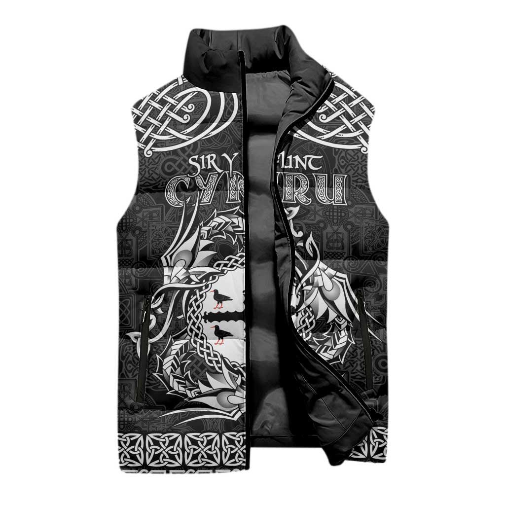 Personalized Flintshire Sir y Fflint Sleeveless Puffer Jacket Black Four Choughs Celtic-inspired - Wonder Print Shop