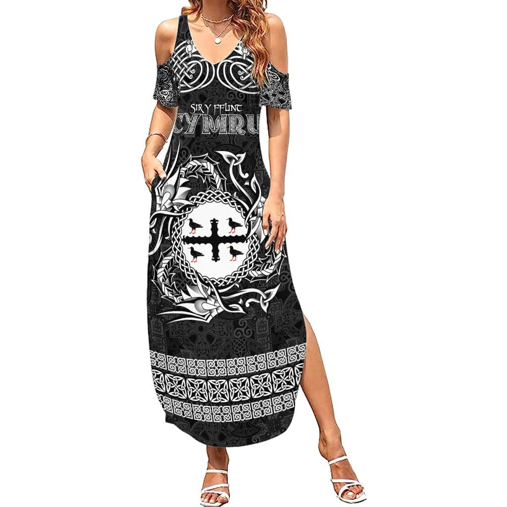 Personalized Flintshire Sir y Fflint Summer Maxi Dress Black Four Choughs Celtic-inspired - undefined