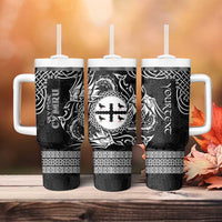 Personalized Flintshire Sir y Fflint Tumbler With Handle Black Four Choughs Celtic-inspired - Wonder Print Shop