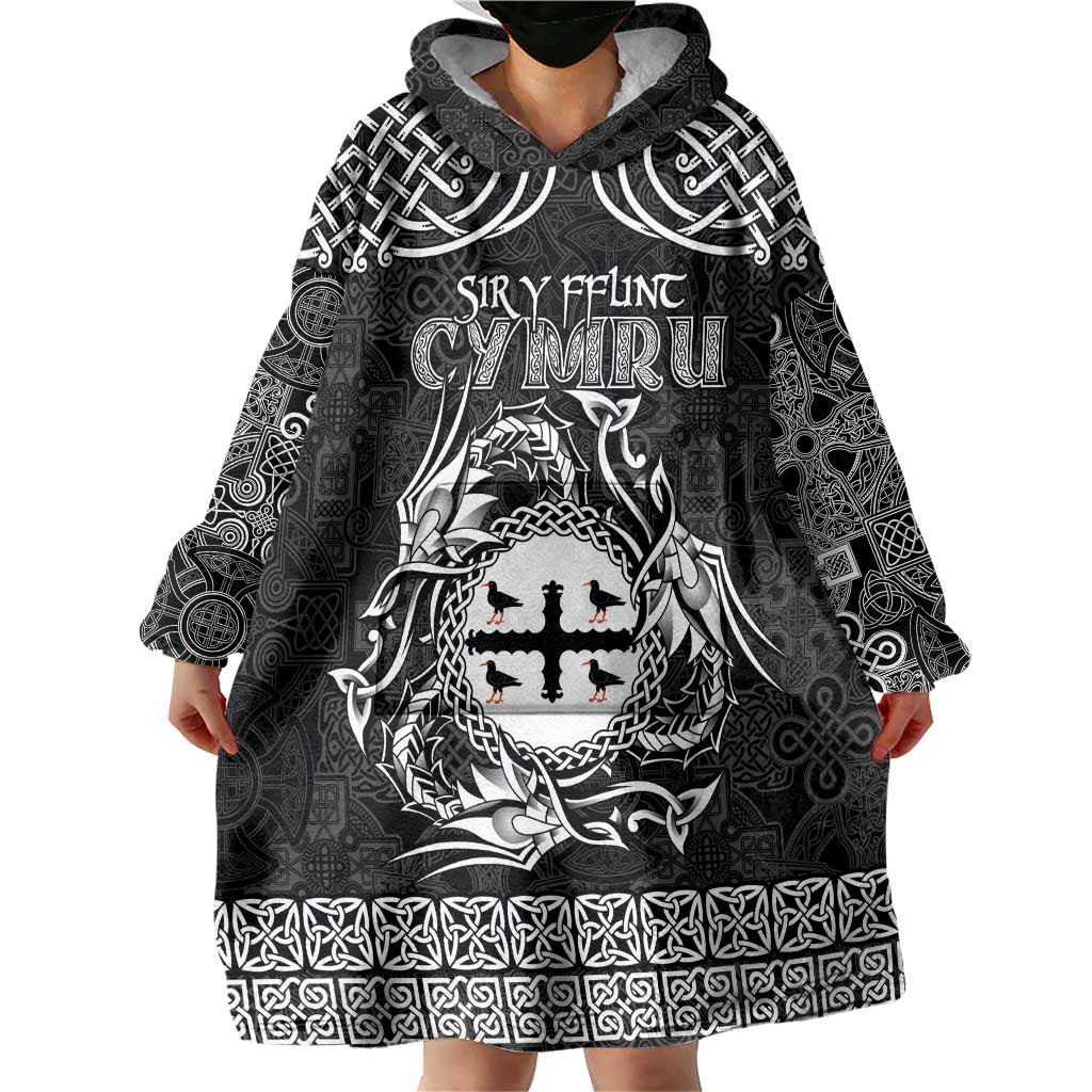 Personalized Flintshire Sir y Fflint Wearable Blanket Hoodie Black Four Choughs Celtic-inspired - Wonder Print Shop