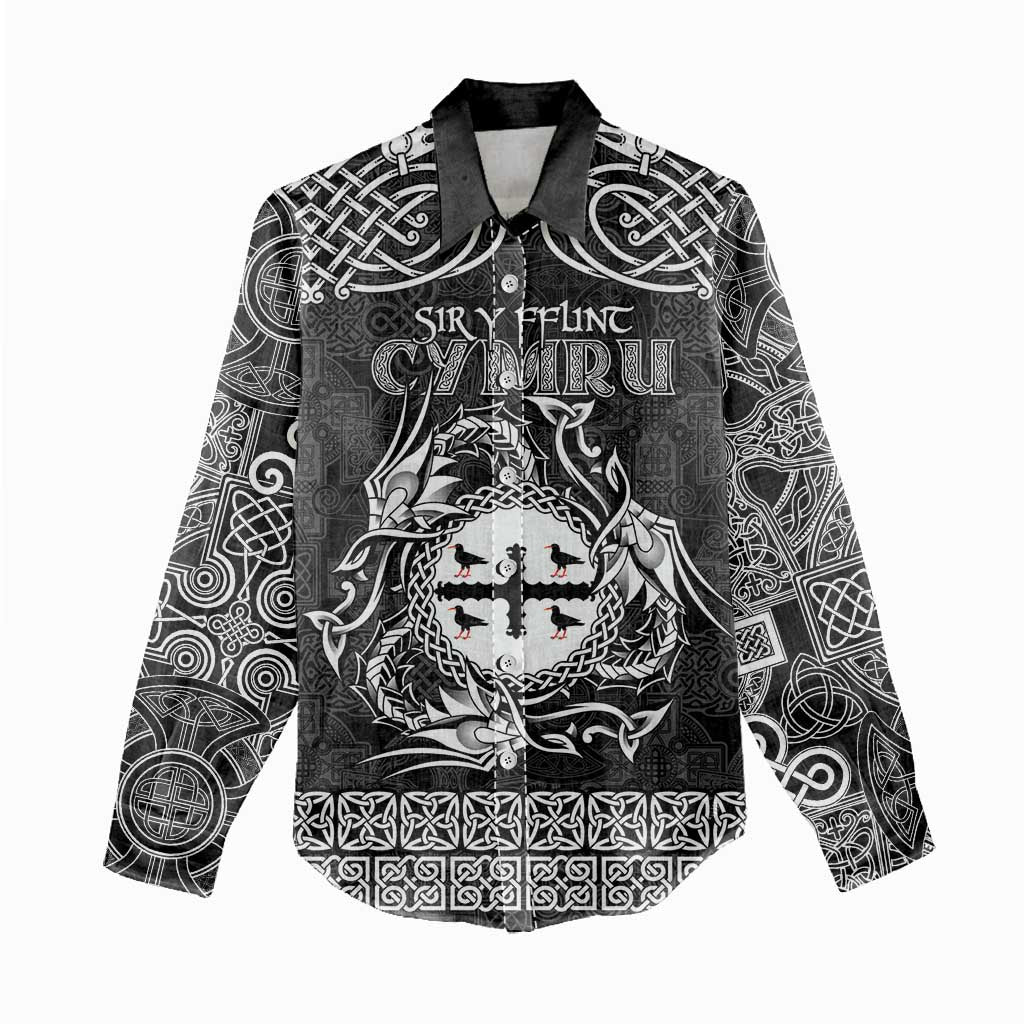 Personalized Flintshire Sir y Fflint Women Casual Shirt Black Four Choughs Celtic-inspired - Wonder Print Shop