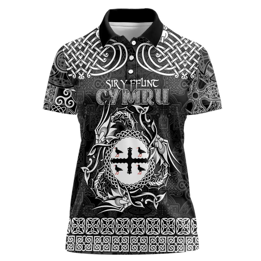 Personalized Flintshire Sir y Fflint Women Polo Shirt Black Four Choughs Celtic-inspired - Wonder Print Shop