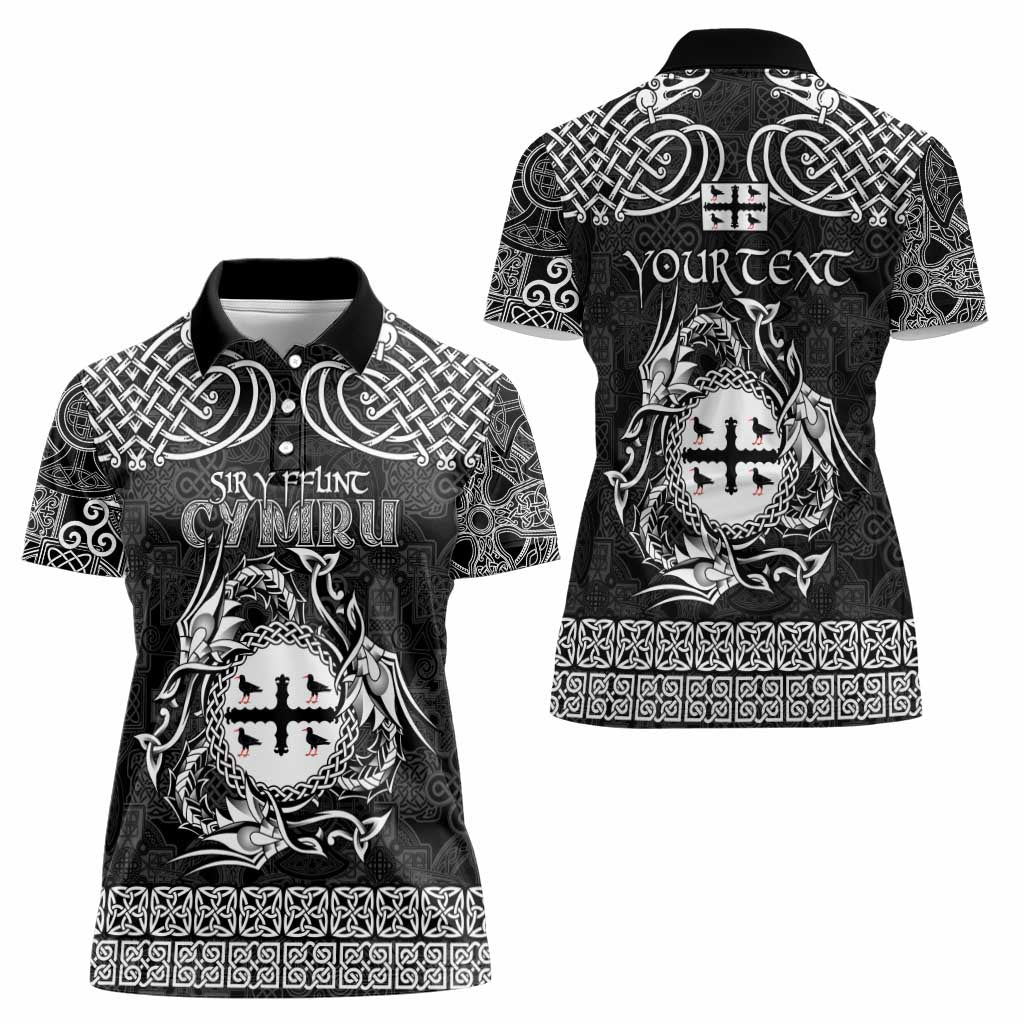 Personalized Flintshire Sir y Fflint Women Polo Shirt Black Four Choughs Celtic-inspired - Wonder Print Shop