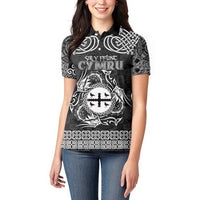 Personalized Flintshire Sir y Fflint Women Polo Shirt Black Four Choughs Celtic-inspired - Wonder Print Shop