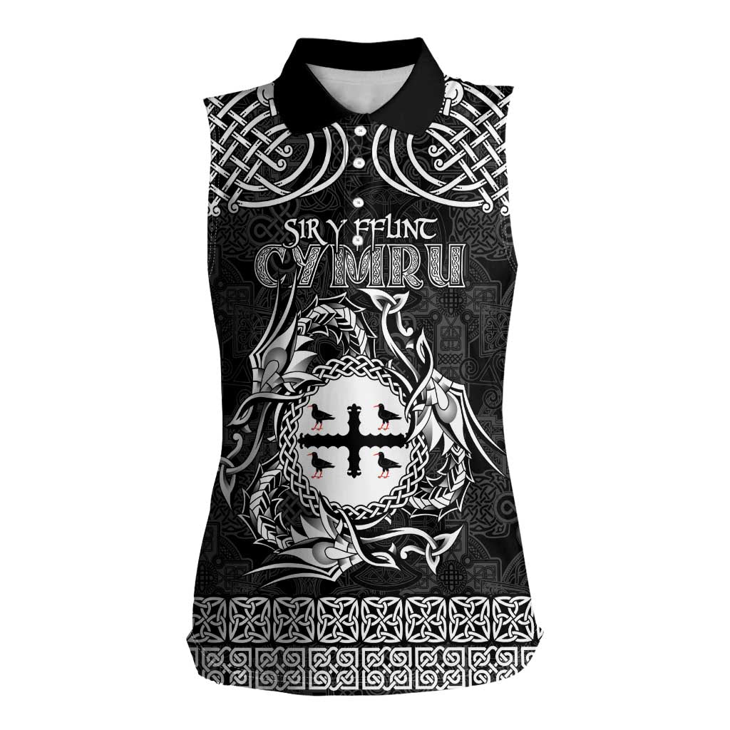 Personalized Flintshire Sir y Fflint Women Sleeveless Polo Shirt Black Four Choughs Celtic-inspired - Wonder Print Shop