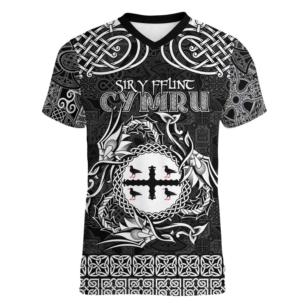 Personalized Flintshire Sir y Fflint Women V-Neck T-Shirt Black Four Choughs Celtic-inspired - Wonder Print Shop