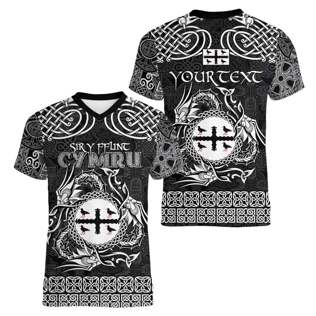 Personalized Flintshire Sir y Fflint Women V-Neck T-Shirt Black Four Choughs Celtic-inspired - Wonder Print Shop