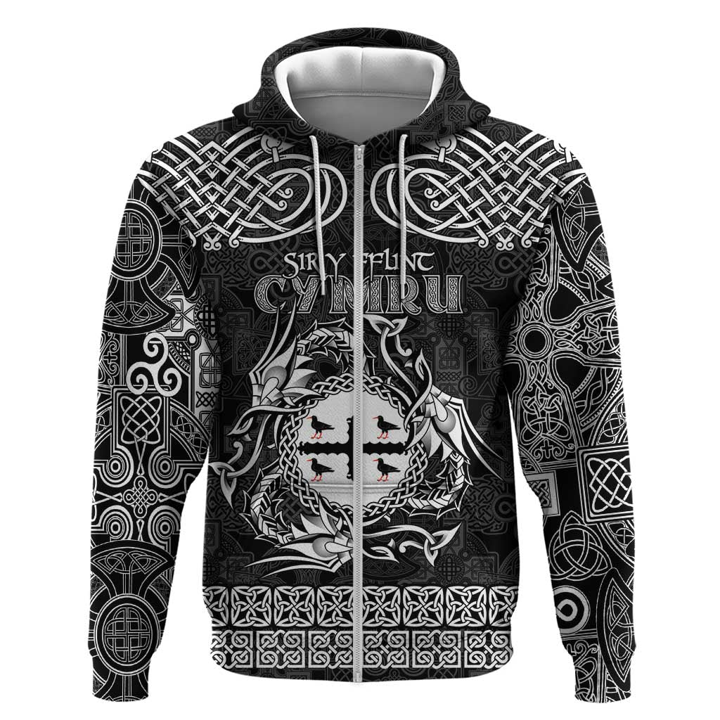Personalized Flintshire Sir y Fflint Zip Hoodie Black Four Choughs Celtic-inspired - Wonder Print Shop