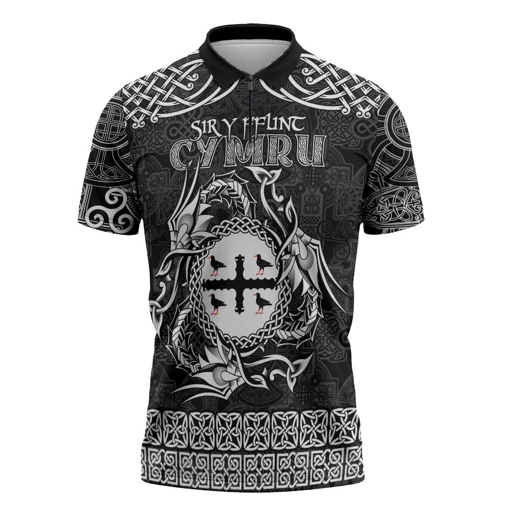 Personalized Flintshire Sir y Fflint Zipper Polo Shirt Black Four Choughs Celtic-inspired - Wonder Print Shop