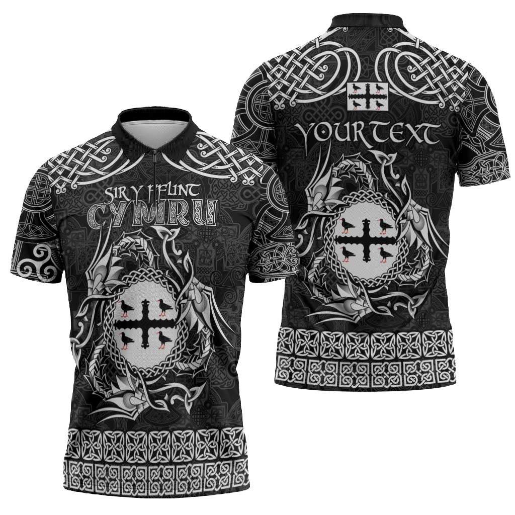 Personalized Flintshire Sir y Fflint Zipper Polo Shirt Black Four Choughs Celtic-inspired - Wonder Print Shop