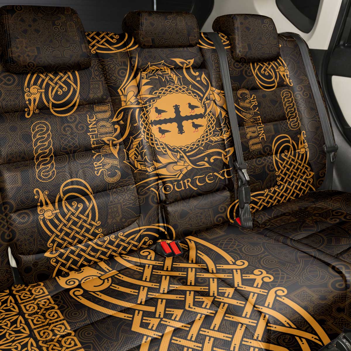 Personalized Flintshire Sir y Fflint Back Car Seat Cover Gold Four Choughs Celtic-inspired - Wonder Print Shop
