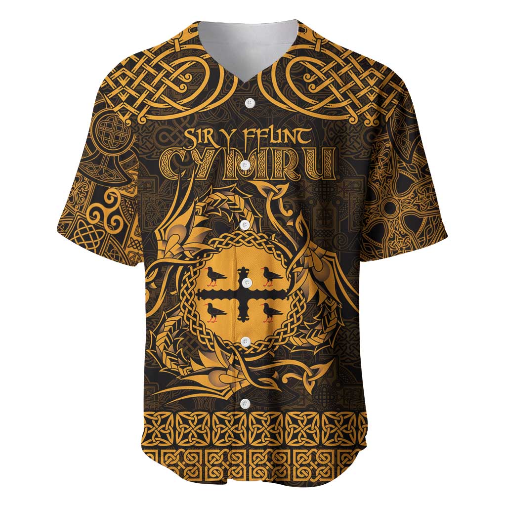 Personalized Flintshire Sir y Fflint Baseball Jersey Gold Four Choughs Celtic-inspired - Wonder Print Shop