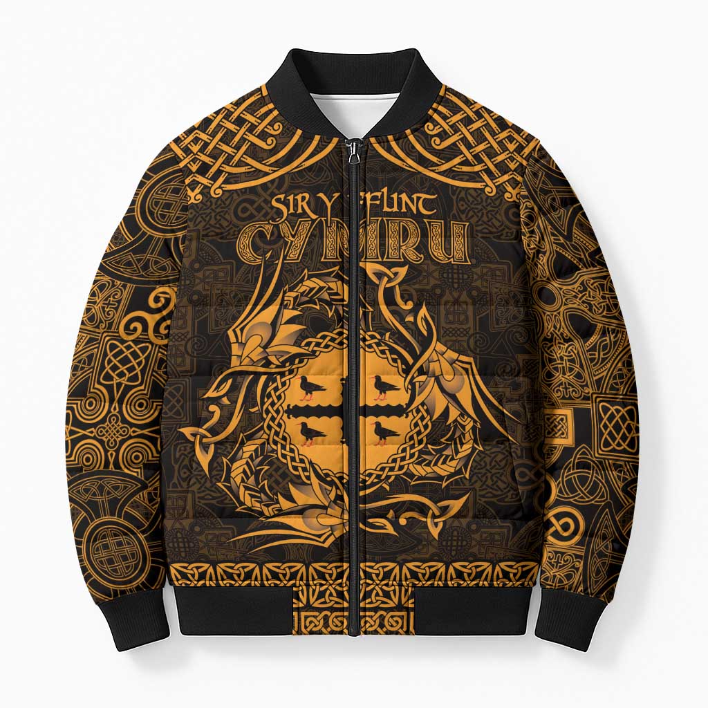 Personalized Flintshire Sir y Fflint Bomber Puffer Jacket Gold Four Choughs Celtic-inspired - Wonder Print Shop