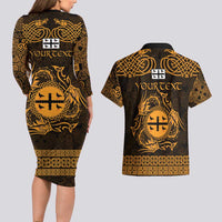 Personalized Flintshire Sir y Fflint Couples Matching Long Sleeve Bodycon Dress and Hawaiian Shirt Gold Four Choughs Celtic-inspired - Wonder Print Shop