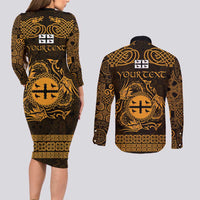 Personalized Flintshire Sir y Fflint Couples Matching Long Sleeve Bodycon Dress and Long Sleeve Button Shirt Gold Four Choughs Celtic-inspired - Wonder Print Shop