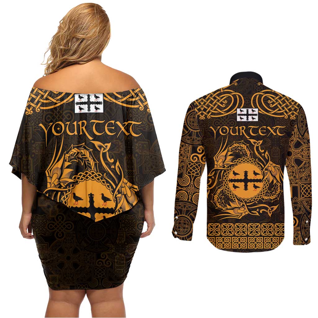 Personalized Flintshire Sir y Fflint Couples Matching Off Shoulder Short Dress and Long Sleeve Button Shirt Gold Four Choughs Celtic-inspired - Wonder Print Shop