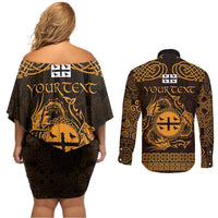 Personalized Flintshire Sir y Fflint Couples Matching Off Shoulder Short Dress and Long Sleeve Button Shirt Gold Four Choughs Celtic-inspired - Wonder Print Shop
