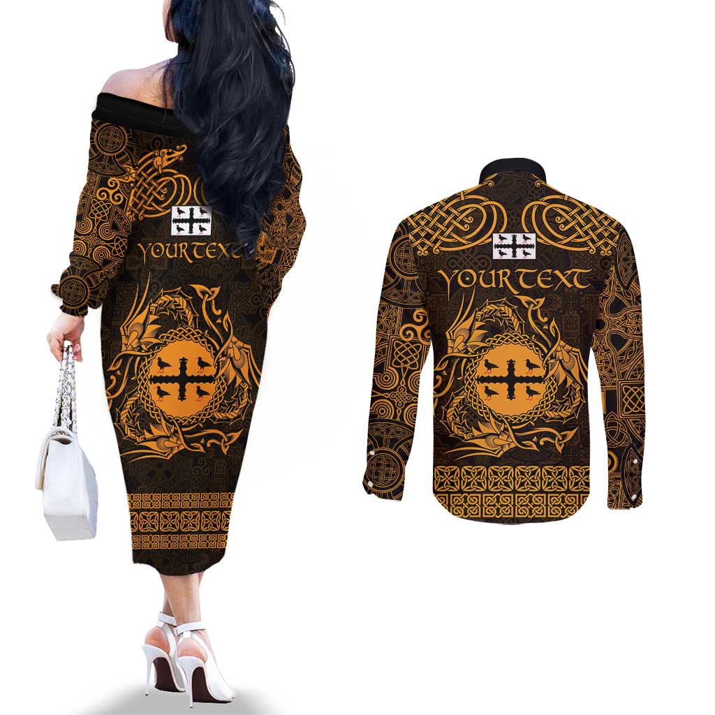 Personalized Flintshire Sir y Fflint Couples Matching Off The Shoulder Long Sleeve Dress and Long Sleeve Button Shirt Gold Four Choughs Celtic-inspired - Wonder Print Shop