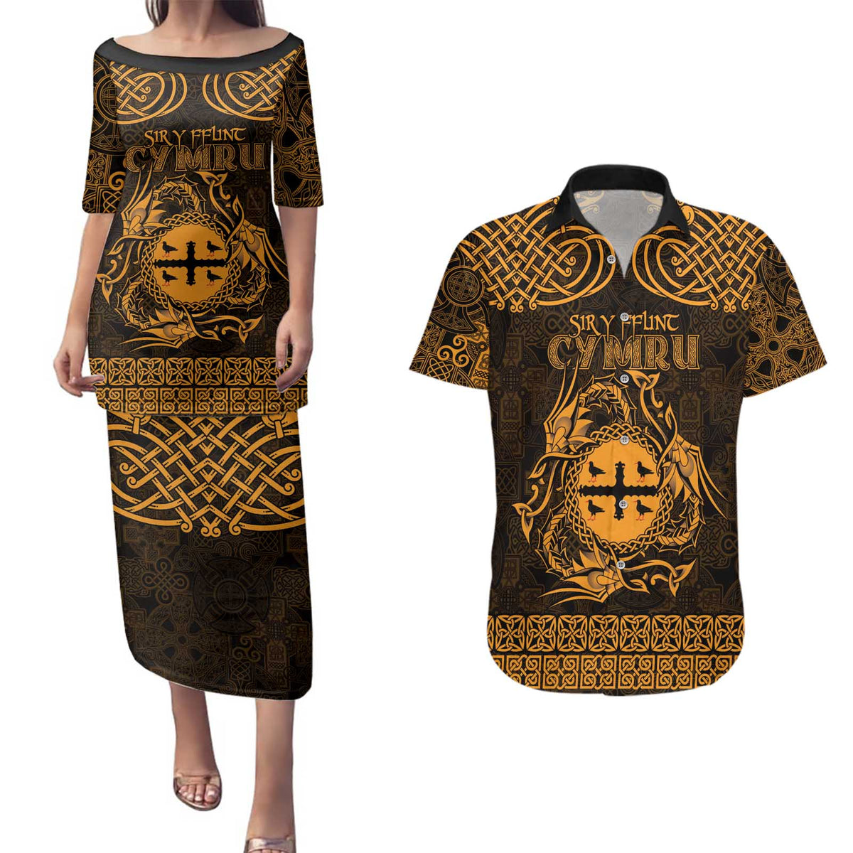 Personalized Flintshire Sir y Fflint Couples Matching Puletasi and Hawaiian Shirt Gold Four Choughs Celtic-inspired - Wonder Print Shop