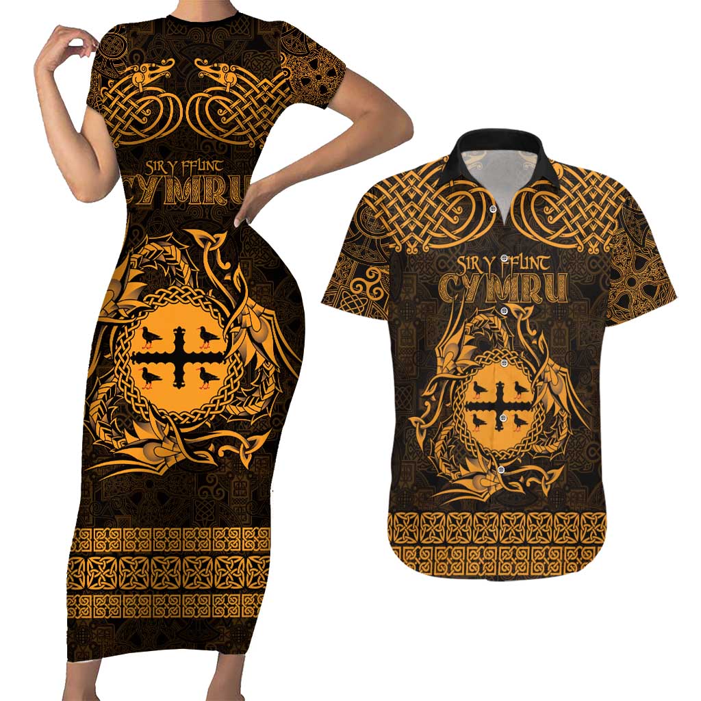 Personalized Flintshire Sir y Fflint Couples Matching Short Sleeve Bodycon Dress and Hawaiian Shirt Gold Four Choughs Celtic-inspired - Wonder Print Shop