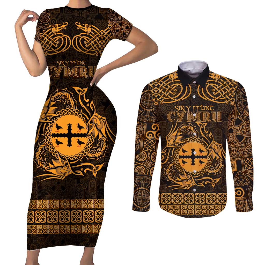 Personalized Flintshire Sir y Fflint Couples Matching Short Sleeve Bodycon Dress and Long Sleeve Button Shirt Gold Four Choughs Celtic-inspired - Wonder Print Shop